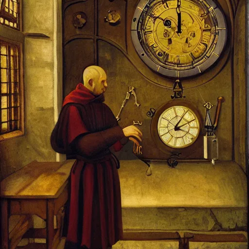 Prompt: medieval monk maintaining an extremely complex mechanical clock, oil painting, warm lighting