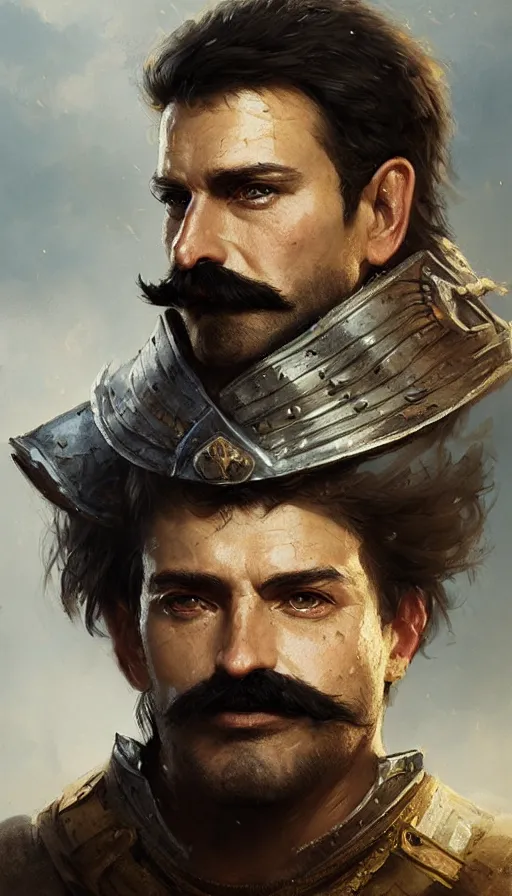 Image similar to Portrait of a middle-aged knight with a large moustache, male, detailed face, fantasy, highly detailed, cinematic lighting, digital art painting by greg rutkowski
