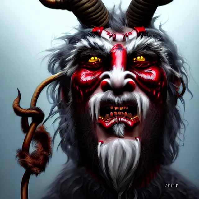 Prompt: epic professional digital portrait art of Krampus 👩‍💼😉,best on artstation, cgsociety, wlop, Behance, pixiv, astonishing, impressive, outstanding, epic, cinematic, stunning, gorgeous, concept artwork, much detail, much wow, masterpiece.