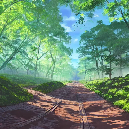 Prompt: deep muddy forest on a sunny day walkway panorama, blooming, traditional gouache painting by makoto shinkai disney pixar 3 d render and kyoto animation