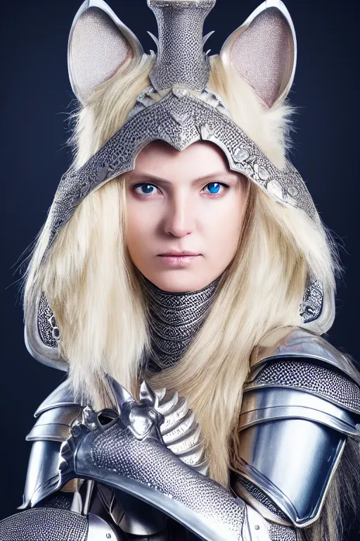 Prompt: female knight wearing a real cat on her head, armor designed by wayne barlowe, swarovski and tiffany, blonde hair, symmetry, sci - fi, cinematic, elegant, luxury, perfect light, perfect composition, dlsr photography, sharp focus, dark fantasy, 4 k, ultra hd, sense of awe, highly detailed, realistic, intricate