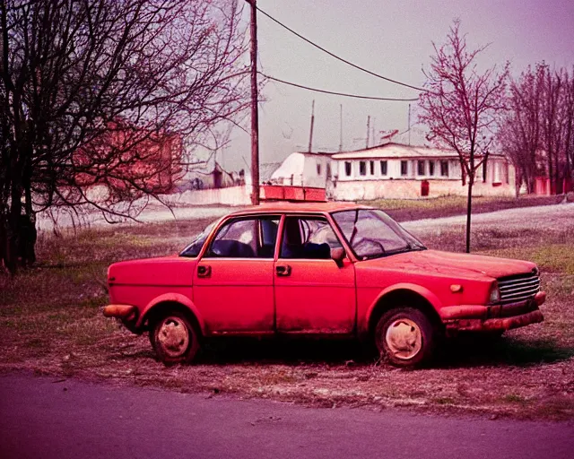 Image similar to a lomographic photo of old lada 2 1 0 7 standing in typical soviet yard in small town, hrushevka on background, cinestill, bokeh