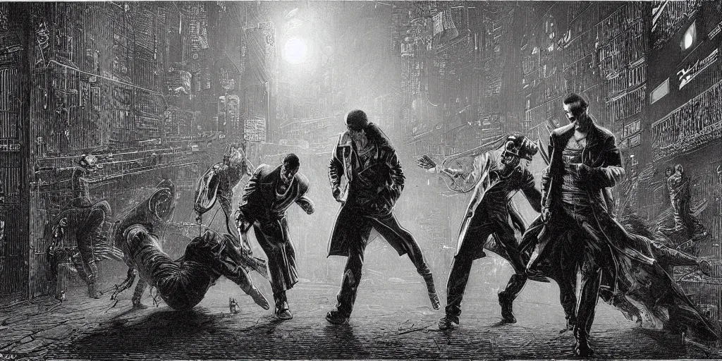 Image similar to A cyberpunk scene from the Matrix as drawn by Gustave Doré with Neo fighting a thousand agents Smith in bullet time