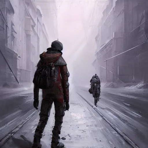 Prompt: a scavenger walking on the surface of moscow, metro 2 0 3 3, smooth, dreary, beautifully detailed, concept art, by sabbas apterus