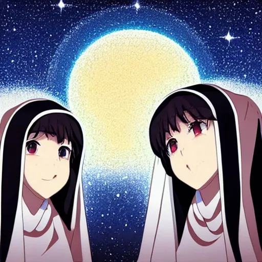 Prompt: two identical beautiful female nuns under clear night sky, beautiful anime art