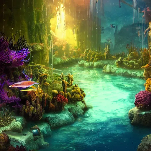 Prompt: realistic underwater city, plant life ,phosphorescent glow