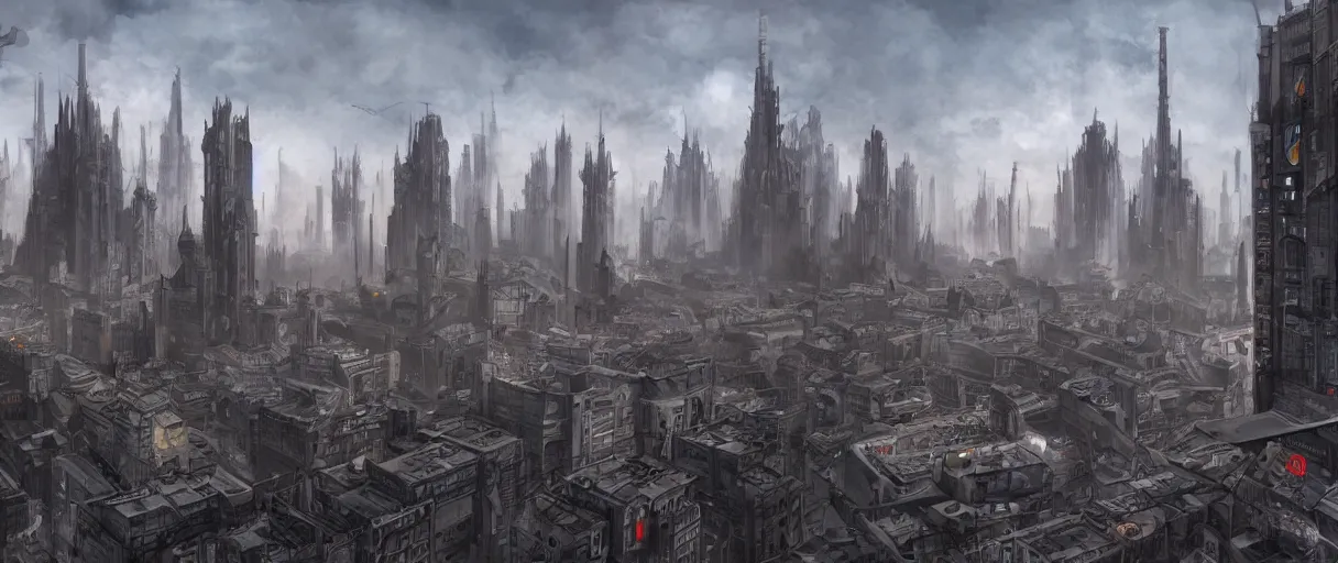 Image similar to digital concept art of dystopian, gothic berlin, high quality, high detail, in the style of Ralph McQuarrie, megacity surrounded by huge impenetrable tall walls, large hero buildings in the middle towering above the others, tram stations, metro, vivid colours, matte painting, photoshop