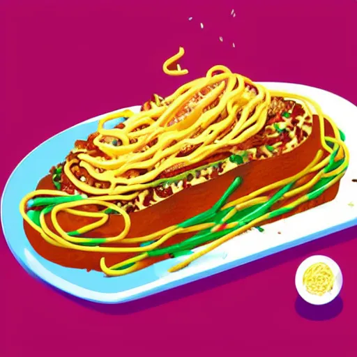 Prompt: obese cat sitting in behind a plate of indomie mi goreng noodles on toast, traditional artstyle