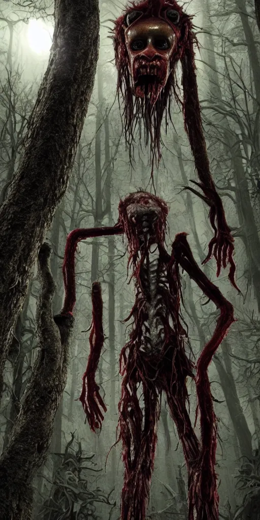 Prompt: photorealistic ultra detailed tall skinny humanoid creature with fur and blood dripping and brain out, the woods, night, extremly detailed, 8 k, realistic, sharp focus, cosmic horror creature, cosmic horror, from the movie the thing, mysterious creature