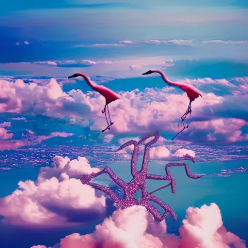 Prompt: a goddess wearing a flamingo fashion in the sky water, photoshop, colossal, creative, giant, digital art, city, photo manipulation, clouds, sky view from the airplane window