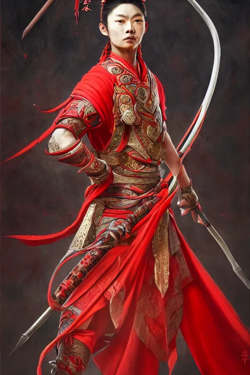 Image similar to a masterpiece portrait of nezha, red cloth around his shoulders, hold spear, cinematic, fantasy character portrait, highly detailed, by ne zha ( 2 0 1 9 ), fenghua zhong,