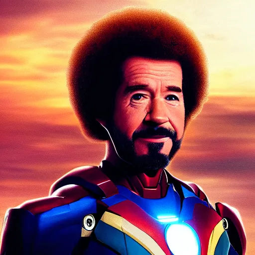 Image similar to a still of Bob Ross as Ironman. Magic Hour. Professional photography, 4K. Mood