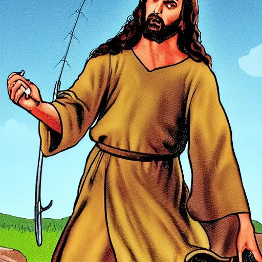 Prompt: comic style jesus finds a revolver and try fishing with it