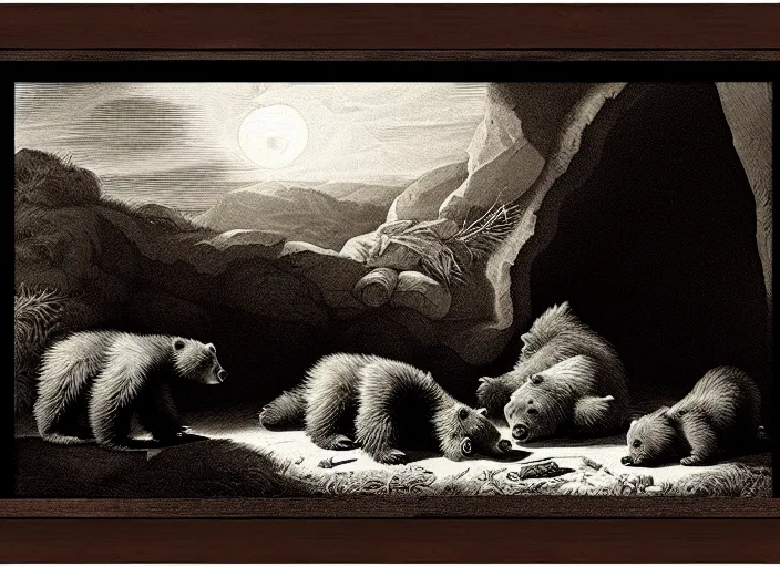 Image similar to Pieter Claesz's 'a bear and her cubs sleeping in a dark cave, lit by hole in roof', night time, cross hatching, backlit, beautiful wooden frame, monochrome, colours of the sunset
