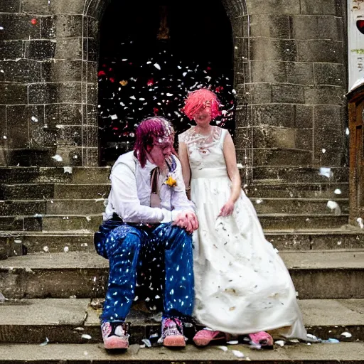 Prompt: girl in a wedding dress sitting on church steps. torrential rain and confetti. surreal. folk horror art.