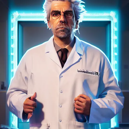 Image similar to portrait art of rick sanchez, lab coat, cyan shirt, 8 k ultra realistic, lens flare, atmosphere, glow, detailed, intricate, full of colour, cinematic lighting, trending on artstation, 4 k, hyperrealistic, focused, extreme details, unreal engine 5, cinematic, masterpiece