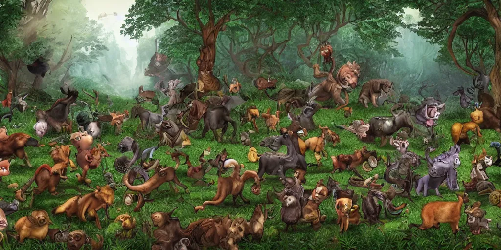 Image similar to panorama of animals in enchanted forest running away from necromancer's army