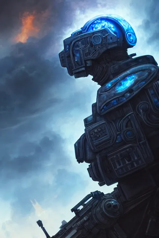 Prompt: ultra realist and ultra intricate detailed soft painting of a sci-fi armored male overlooking a burning city, symmetry features, glowing blue eyes, sensual gloomy style, volumetric clouds, military, assault rifle, artstation, unreal render, depth of field