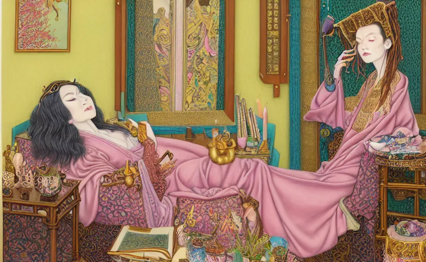 Image similar to a pastel drawing of a female wizard, ornate clothing, lounging on a purpur pillow on the marbled checkered floor in his study room reading an ancient tome. to the side is a potted plant, moody candlelit raytracing. ancient scifi fantasy setting. detailed face, sharp focus. by chie yoshii and mati klarwein