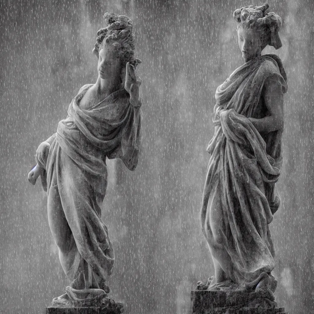 Prompt: marble statue, greek statue, anya taylor joy, queen's gambit series, foggy, rain, raindrops,