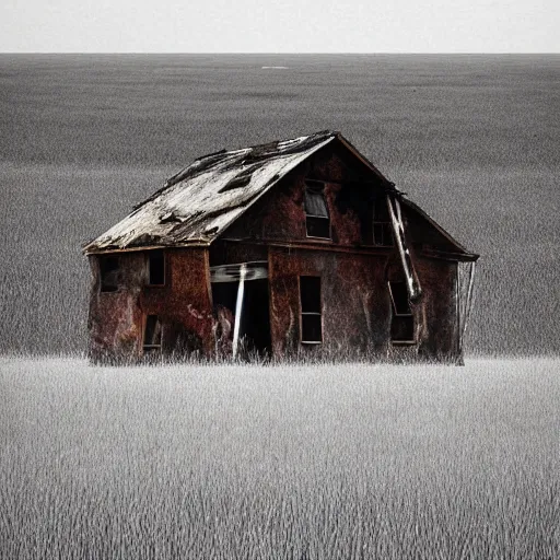 Prompt: an abandoned old rusty American house on a field in style of Zdislaw Beksinski