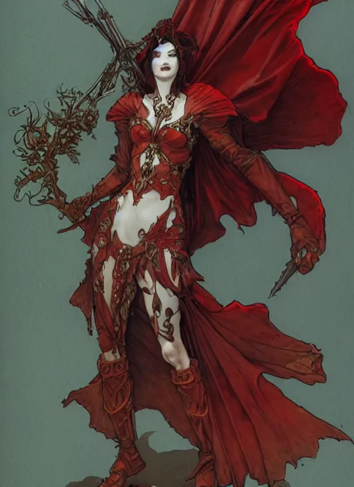 Prompt: drawing of a beautiful vampire woman, armor plates, full armor, red dress, by marc simonetti and brian froud and mike mignola and alfons maria mucha and peter mohrbacher, hyperdetailed