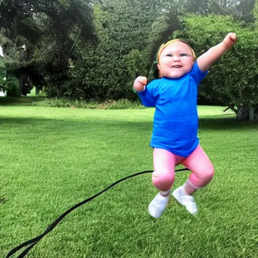 Prompt: a super round toddler trying to jump rope