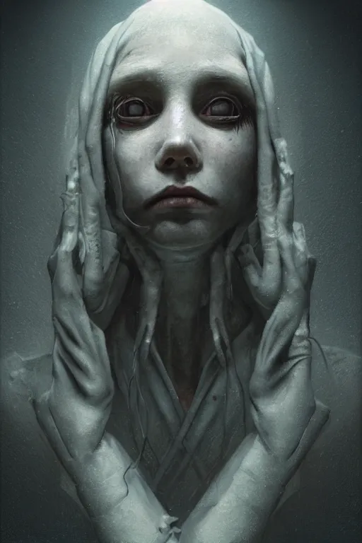 Image similar to grunge portrait of a creepy nurse girl in a manual asylum, intricate artwork, nightmare fuel, terrifying, by beeple, zdzisław Beksiński, dan mumford , trending on artstation, greg rutkowski very coherent artwork. cinematic, hyper realism, high detail, octane render, 8k