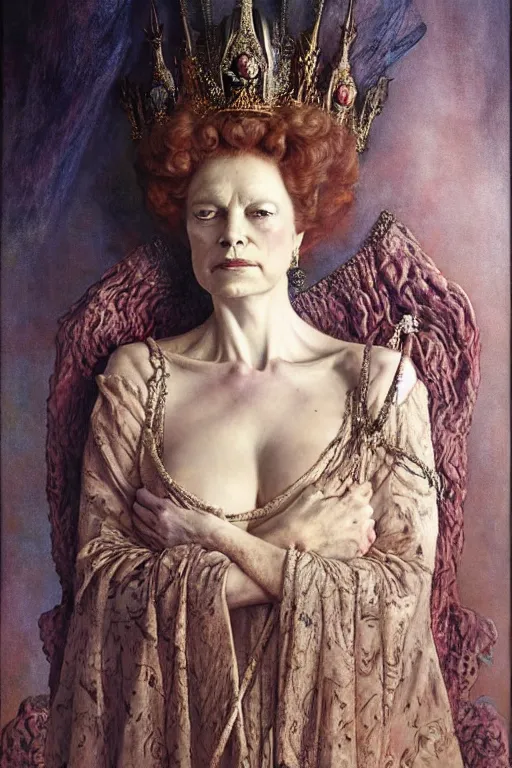 Prompt: a portrait of queen Elizabeth by wayne barlowe, gustav moreau, goward,  Gaston Bussiere and roberto ferri, santiago caruso, and austin osman spare, ((((occult art))))