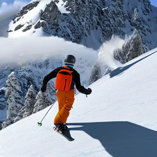 Image similar to skier in orange snow pants and black jacket skiing down a steep mountain face, far away view, photo realistic