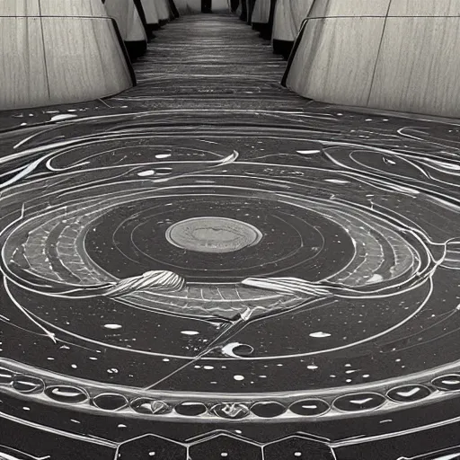 Prompt: art nouveau floor pattern, solar system, scifi inspired, foundation, thin lines, black and white by paul chadeisson, greg rutkowski