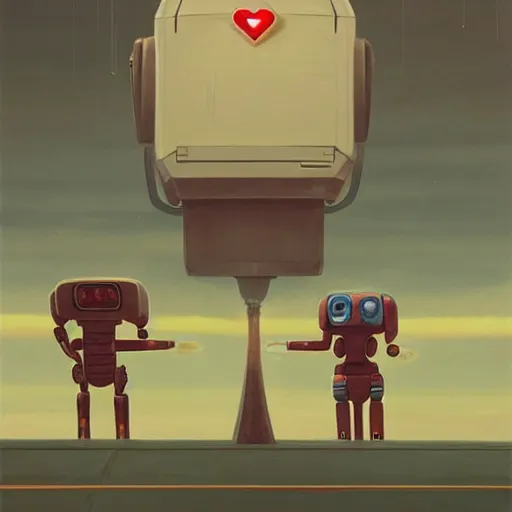 Image similar to Two men in a robot suit fighting over a heart by Simon Stålenhag
