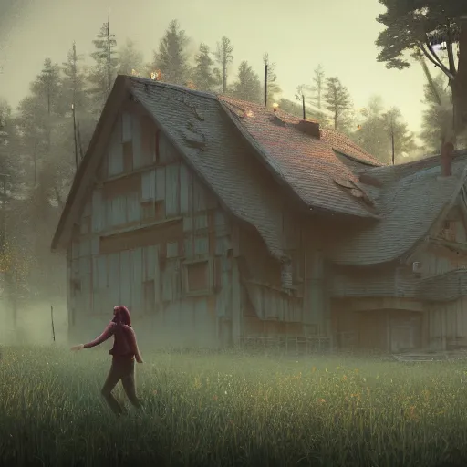 Image similar to woman leaving her wooden broken house by simon stålenhag, very highly detailed, award winning, rendered by Beeple, by Makoto Shinkai, syd meade, starwars, space art concept, digital art, unreal engine, blender, WLOP, trending on artstation, 4K UHD image, octane render