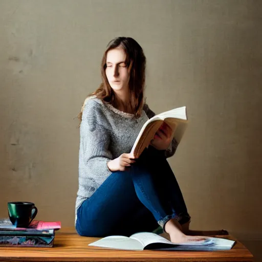 Prompt: portrait of a beautiful girl, sitting on a coffee table, reading a book, dramatic light, realistic