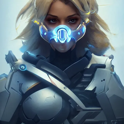 Image similar to mercy overwatch wearing cyberkinetic mask, 8 k resolution, highly detailed, intricate, very beautiful face, very detailed eyes, by greg rutkowski, wlop