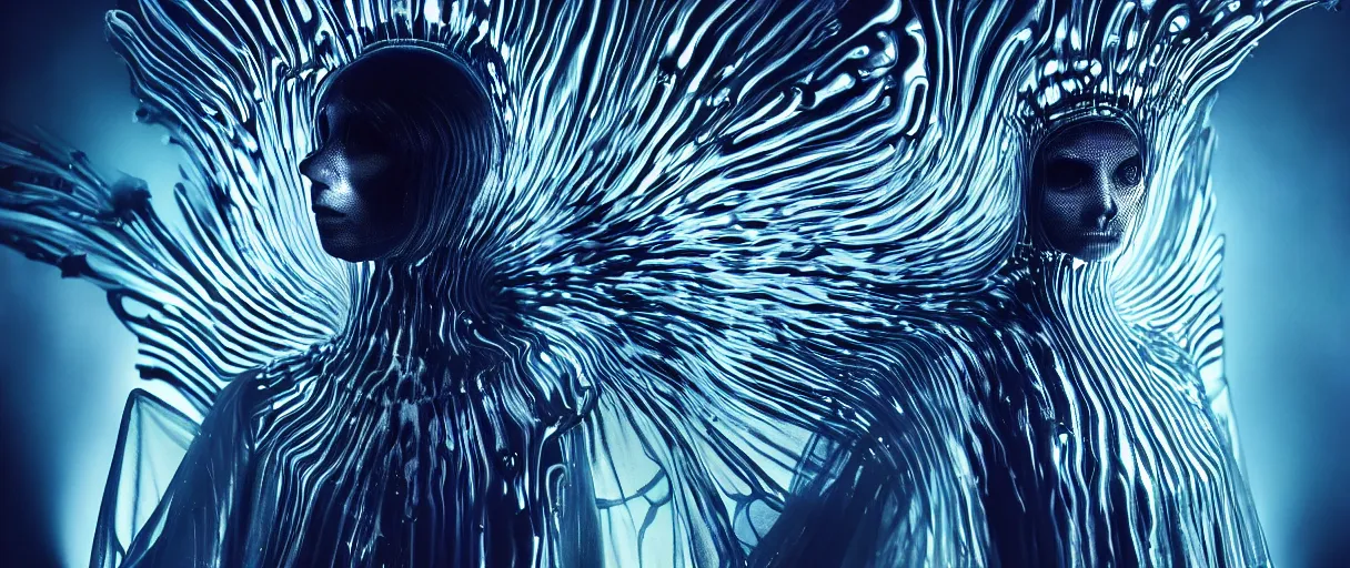 Image similar to hyperrealist highly detailed english medieval portrait of high fashion archangel trapped in ferrofluid sinkhole ferrofluid alien liquid, radiating atomic neon corals, veiny network growth with ghostly ghost translucent ghost armor, concept art pascal blanche dramatic studio lighting 8k wide angle shallow depth of field