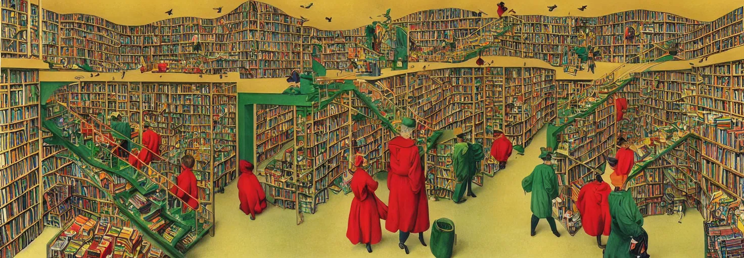 Image similar to a book store, customers are rabbit, by m. c. escher, yellow, green, red, snowy, ultra sharp, ultra detailed, happy, uplifting, colorized by salvador dali