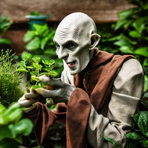 Prompt: portrait of nosferatu giving water to plants in the garden, realistic detailed photography, 5 0 mm lens