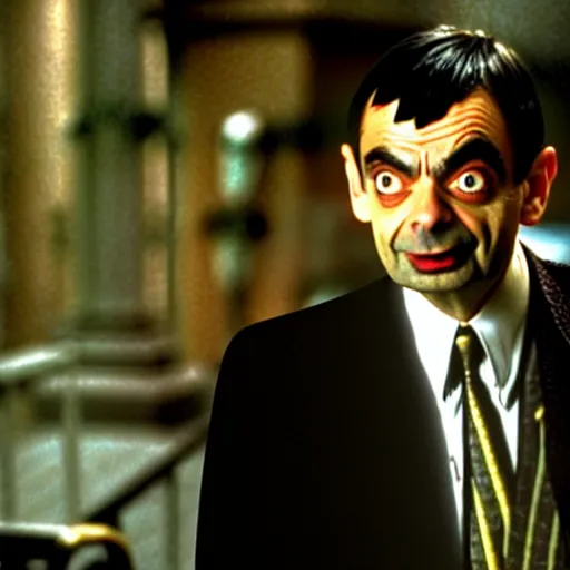 Image similar to mr. bean in vampires kiss. movie still. cinematic lighting.