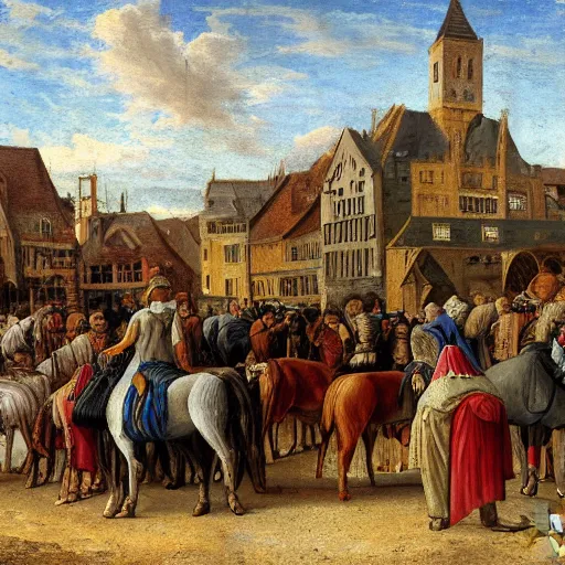 Image similar to a medieval horse market, by john how