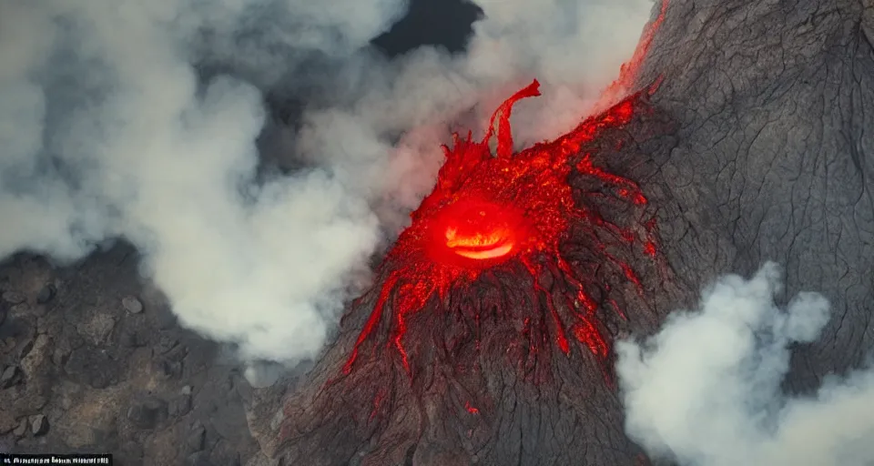 Image similar to a volcano made of ivory vines and crimson rocks enters in eruption, it spits a smoke in the shape of demonic eye, from Starcraft