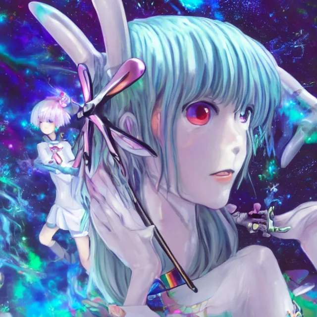 Image similar to rei ayanami, deep space, seascape, grimes, silver hair, shikinami asuka langley, card captor sakura, bunny ears, cosmos, psychedelic flowers, black opal, rainbow aura quartz, organic, oni compound artwork, of character, render, artstation, portrait, wizard, beeple, art, fantasy, epcot, psychedelic glitchcore