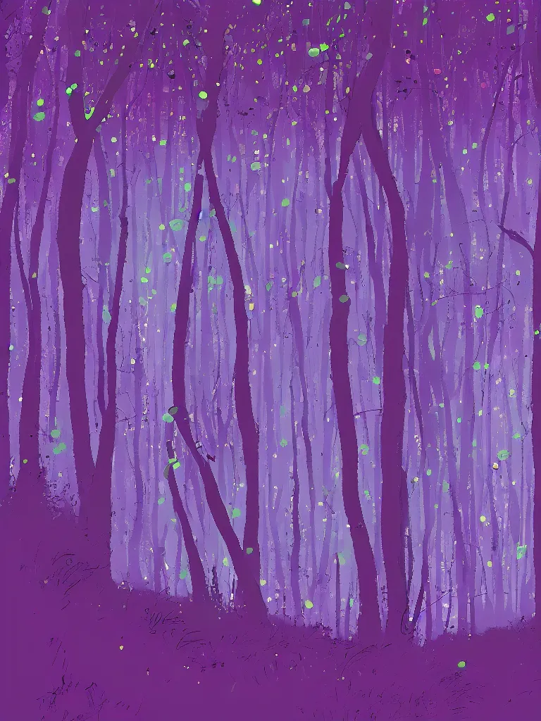 Prompt: a digital art of a close up view of a forest, fireflies flying around, purple color scheme, by laurie greasley, artstation, studio ghibli color scheme