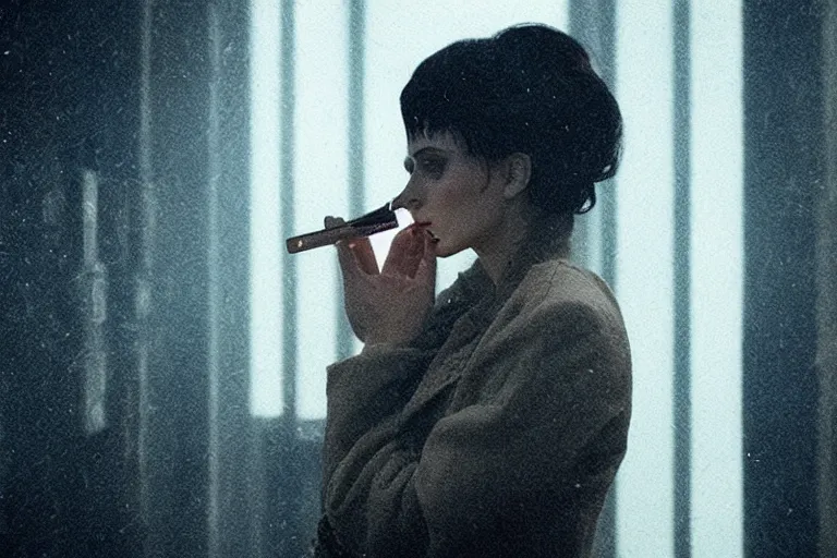 Image similar to a stunning portrait of Marla Singer smoking in the style of Blade runner 2049, sharp focus, cinematic