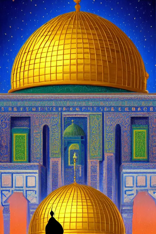 Image similar to a beautiful oil painting flyer design illustration of dome of the rock jerusalem and a silhouette of muslim is praying to god in front of it, intricate, elegant, glowing lights, highly detailed, digital painting, artstation, concept art, smooth, sharp focus, illustration, in the style of martin johnson heade and mark ryden