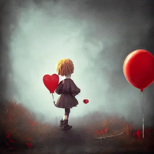 Image similar to grunge cartoon landscape painting of bilie eilish with a wide smile and a red balloon by - michal karcz, loony toons style, pennywise style, horror theme, detailed, elegant, intricate