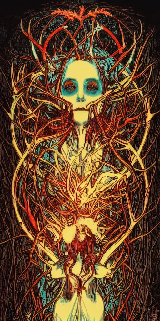 Image similar to intense glowing black metal pagan god with antlers and veins and intense glowing eyes with a skull in very dark forest by artgerm and alphonse mucha, portrait, fantasy, clear, red and teal and yellow, light beams, lens flare, intense, uhd, amazing depth, cinematic lighting