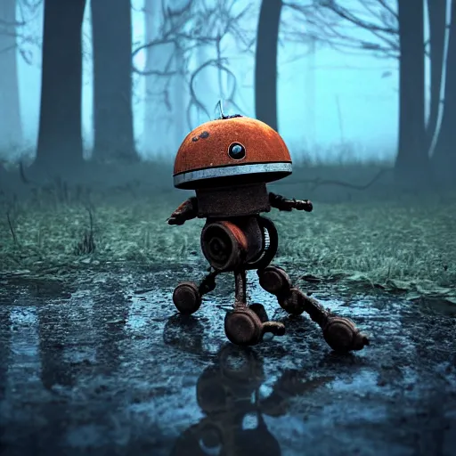 Image similar to realistic render of a small and rusty observation droid in a swamp, eerie atmosphere, fog, cinematic lighting