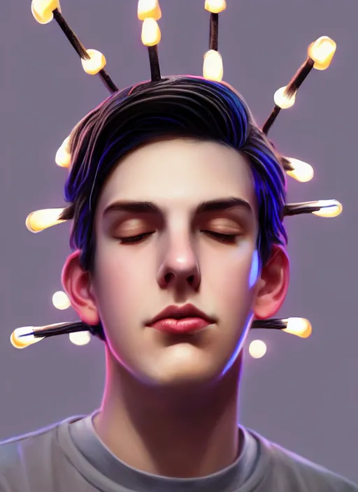 Image similar to portrait of teenage jughead jones wearing a light grey crown, crown, hamburger background, eyes closed, crown, black hair, intricate, elegant, glowing lights, warm lighting, highly detailed, digital painting, artstation, concept art, smooth, sharp focus, illustration, art by wlop, mars ravelo and greg rutkowski