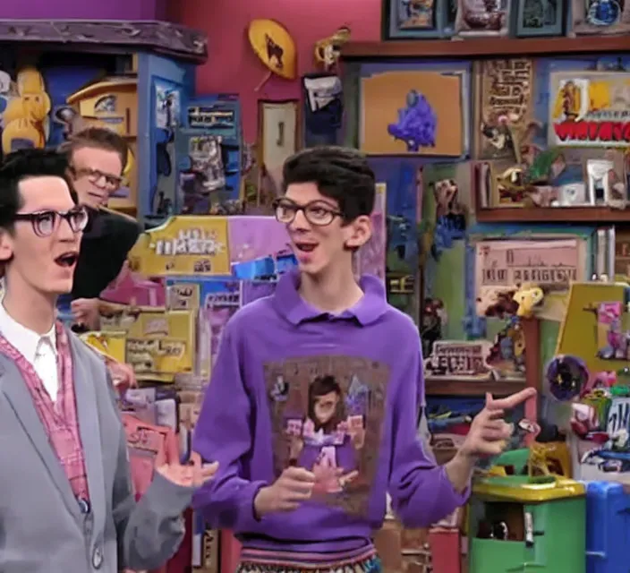 Image similar to a screenshot of neil cicierega introducing himself to the viewers in icarly ( 2 0 0 9 ), low quality